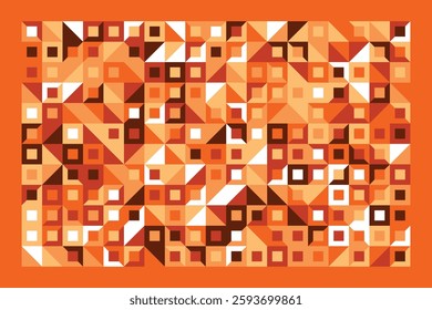 An abstract geometric artwork with orange, white, and brown squares and triangles. The structured composition creates depth and contrast, forming a dynamic and visually captivating pattern.