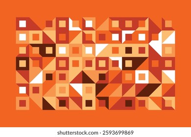 An abstract geometric artwork with orange, white, and brown squares and triangles. The structured composition creates depth and contrast, forming a dynamic and visually captivating pattern.