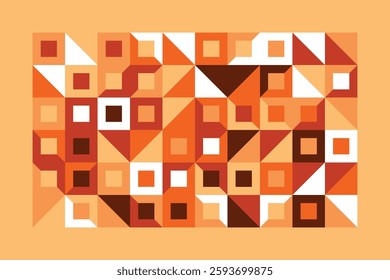 An abstract geometric artwork with orange, white, and brown squares and triangles. The structured composition creates depth and contrast, forming a dynamic and visually captivating pattern.