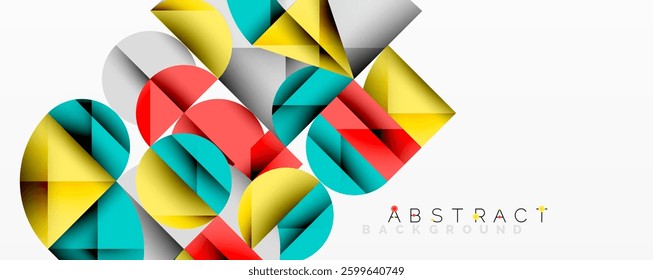 Abstract geometric artwork with overlapping circles and gradients, circle square triangle shapes background featuring sharp angular cuts, smooth shading, and structured layered composition
