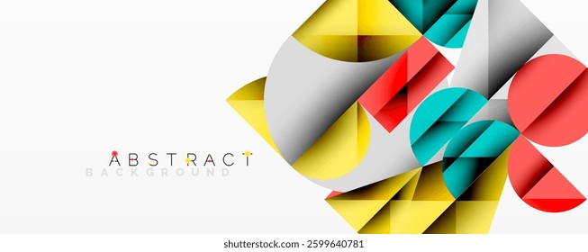 Abstract geometric artwork with overlapping circles and gradients, circle square triangle shapes background featuring sharp angular cuts, smooth shading, and structured layered composition