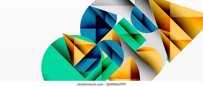 Abstract geometric artwork with overlapping circles and gradients, circle square triangle shapes background featuring sharp angular cuts, smooth shading, and structured layered composition