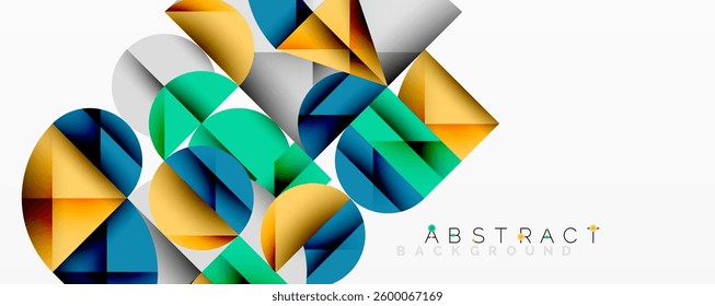 Abstract geometric artwork with overlapping circles and gradients, circle square triangle shapes background featuring sharp angular cuts, smooth shading, and structured layered composition