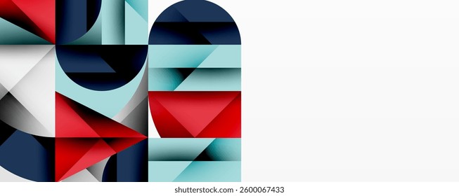 Abstract geometric artwork with overlapping circles and gradients, circle square triangle shapes background featuring sharp angular cuts, smooth shading, and structured layered composition