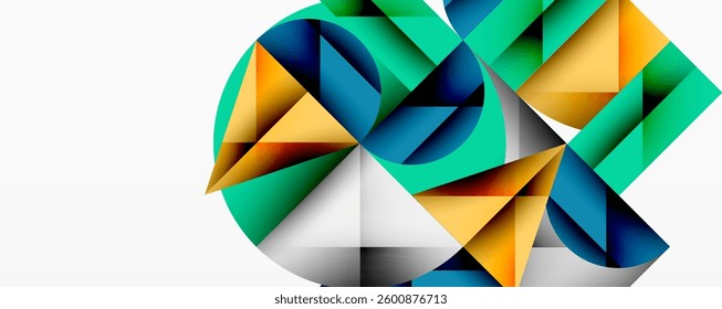 Abstract geometric artwork with overlapping circles and gradients, circle square triangle shapes background featuring sharp angular cuts, smooth shading, and structured layered composition