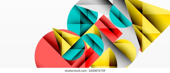 Abstract geometric artwork with overlapping circles and gradients, circle square triangle shapes background featuring sharp angular cuts, smooth shading, and structured layered composition