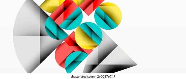 Abstract geometric artwork with overlapping circles and gradients, circle square triangle shapes background featuring sharp angular cuts, smooth shading, and structured layered composition