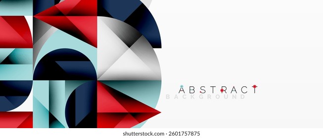 Abstract geometric artwork with overlapping circles and gradients, circle square triangle shapes background featuring sharp angular cuts, smooth shading, and structured layered composition