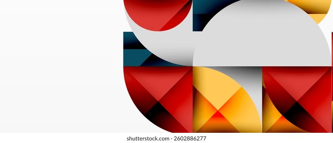 Abstract geometric artwork with overlapping circles and gradients, circle square triangle shapes background featuring sharp angular cuts, smooth shading, and structured layered composition