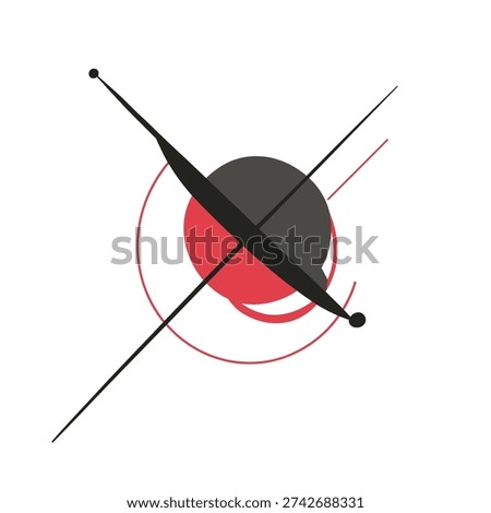 Abstract geometric artwork, with overlapping shapes. Features intersecting lines, circles, and a central composition