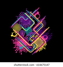 Abstract geometric artwork in retro disco style with lines, rounds, splashes, dots. Bright colors on black background. For youth t-shirt, cover, poster designs. Vector illustration.