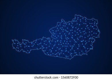 Abstract geometric of Austria map polygonal line, structure and point scales on blue dark background with lights and dots. Vector illustration eps 10.
