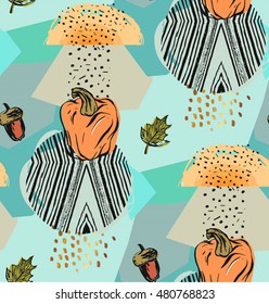 Abstract geometric autumn seamless pattern with pumpkins,acorns,leaves fall,geometric textures and shapes isolated on gray rainy background.