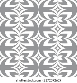 Abstract Geometric Backgroud. Gray Leaves Stylized Symbols. Decorative Seamless Pattern. Monochrome Colors. Vector Illustration.