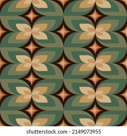 Abstract Geometric Backgroud. Leaves Stylized Symbols. Decorative Seamless Pattern. Green And Khaki Colors. Vector Illustration.