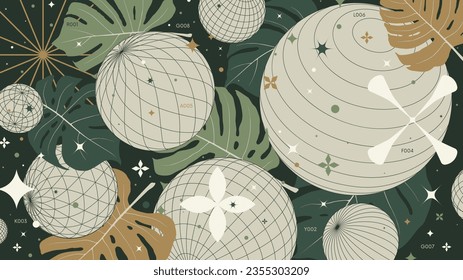 Abstract geometric background with 3d circle wireframe shapes and tropical leaves, Volumetric forms in the style of brutalism, vector color Full HD composition in Y2k style futuristic artwork