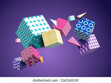Abstract Geometric Background 3D Colorful Cubes, Triangle. Decorative Poster, Wallpaper, Texture. Dark, White, Yellow, Blue, Purple, Pink, Violet, Green. Gradient Shapes Composition. Vector EPS10