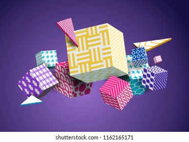Abstract Geometric Background 3D Colorful Cubes, Triangle. Decorative Poster, Wallpaper, Texture. Dark, White, Yellow, Blue, Purple, Pink, Violet, Green. Gradient Shapes Composition. Vector EPS10