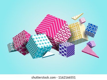 Abstract Geometric Background 3D Colorful Cubes, Triangle. Decorative Poster, Wallpaper, Texture. Light, White, Yellow, Blue, Purple, Pink, Violet, Green. Gradient Shapes Composition. Vector EPS10