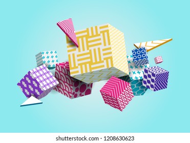 Abstract Geometric Background 3D Colorful Cubes, Triangle. Decorative Poster, Wallpaper, Texture. Light, White, Yellow, Blue, Purple, Pink, Violet, Green. Gradient Shapes Composition. Vector EPS10