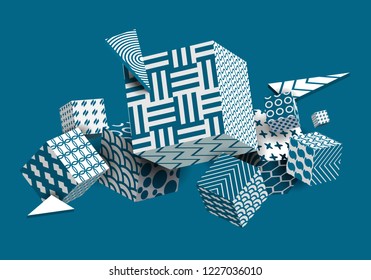 Abstract Geometric Background 3D Colorful Cubes, Triangle. Decorative Poster, Wallpaper, Texture. Light, White, Blue. Gradient Shapes Composition. Vector EPS10