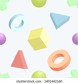 Abstract geometric background with 3D figures. Vector seamless pattern. Cubes, spheres, triangles and circles of different colors. Isometric geometric elements in random position. Repeating pattern.