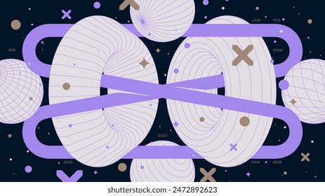 Abstract geometric background with 3d frame wireframe form and lilac line drawing an infinity sign around the shapes, vector colorful modern design Full HD composition in Y2k trendy style