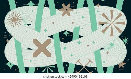 Abstract geometric background with 3d frame wireframe form and turquoise line entwining zigzag torus shapes, vector colorful modern design Full HD composition in Y2k trendy style