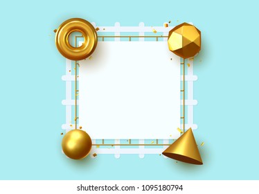 Abstract geometric background. 3D Shapes, golden color spheres, torus, cones. Art Trendy Minimal Design