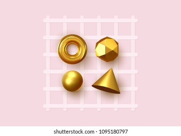 Abstract geometric background. 3D Shapes, golden color spheres, torus, cones. Art Trendy Minimal Design
