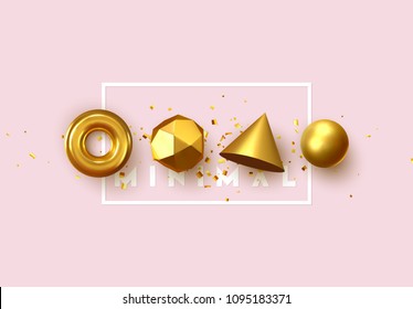 Abstract geometric background. 3D Shapes, golden color spheres, torus, cones. Art Trendy Minimal Design