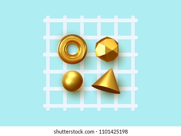 Abstract geometric background. 3D Shapes, golden color spheres, torus, cones. Art Trendy Minimal Design