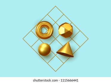 Abstract geometric background. 3D Shapes, golden color spheres, torus, cones. Art Trendy Minimal Design