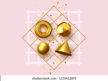 Abstract geometric background. 3D Shapes, golden color spheres, torus, cones. Art Trendy Minimal Design