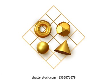 Abstract geometric background. 3D Shapes, golden color spheres, torus, cones. Art Trendy Minimal Design