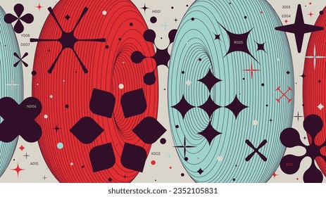 Abstract geometric background with 3d torus wireframes form graphic of geometrical shapes modern design, vector color Full HD futuristic composition in Y2k trendy style artwork