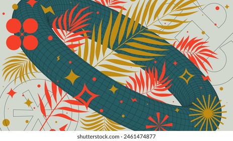 Abstract geometric background with 3d torus frame wireframe form with tropical leaves graphic of geometric shapes modern design, vector colorful Full HD composition in Y2k trendy style artwork