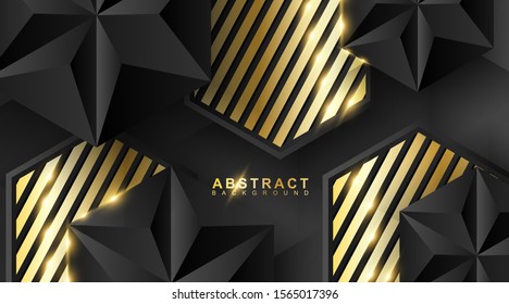 Abstract geometric background. 3D vector illustration. Triangle or black pyramid shape. hexagon with a golden stripe pattern.