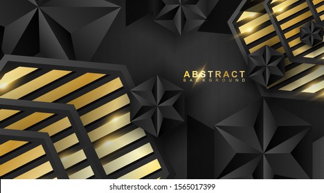Abstract geometric background. 3D vector illustration. Triangle or black pyramid shape. hexagon with a golden stripe pattern.