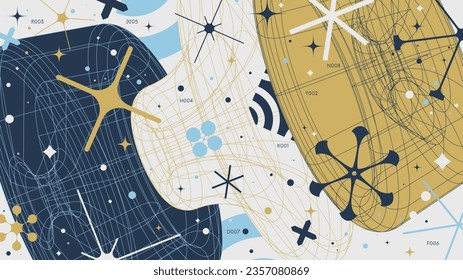 Abstract geometric background with 3d volume geometry wireframe shapes modern grid design, vector color Full HD composition in Y2k style futuristic aesthetic artwork