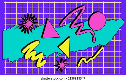 Abstract geometric background in 90's like retrowave style. Composition of colorful shapes.