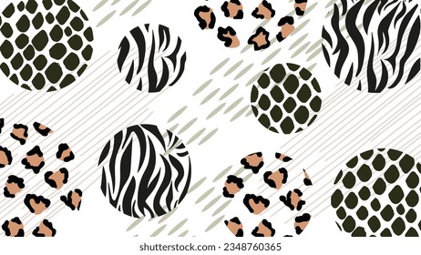 Abstract geometric background of animal fur and skin patterns. Modern patchwork style. Collage of zebra, snake, leopard patterns in circles. Vector. For fabric print, clothes, web design, textiles.