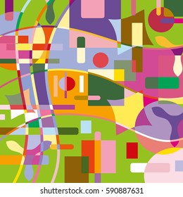 Abstract geometric background, artistic composition pattern. Colorful design for wallpaper, flyer, brochure cover. Colored geometric shapes, figures. Multicolored asymmetric modern art