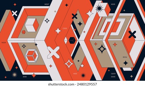 Fondo geométrico Abstractas con arte vanguardista de cubos y cuadrados, gráfico de Formas de geometría, diseño moderno rave, Vector colorido Composición HD completa en Y2k arte de estilo de moda