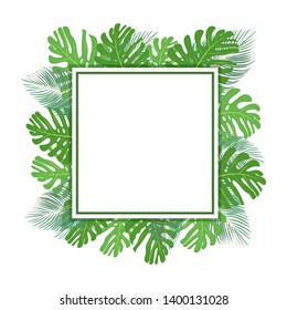 Abstract geometric background, banner with palm, tropical leaves. Background for photos, postcards. Tropical background. Icon for your design. Vector illustration