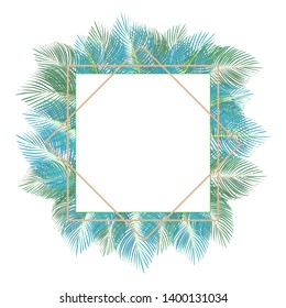 Abstract geometric background, banner with palm, tropical leaves. Background for photos, postcards. Tropical background. Icon for your design. Vector illustration