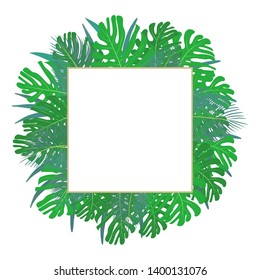 Abstract geometric background, banner with palm, tropical leaves. Background for photos, postcards. Tropical background. Icon for your design. Vector, eps 10
