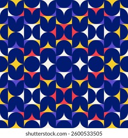 Abstract geometric background, Bauhaus style elements in random order and colors, seamless vector geo pattern, simple flat style shapes