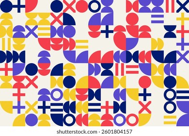 Abstract geometric background, Bauhaus style elements in random order and colors, seamless vector geo pattern, simple flat style shapes