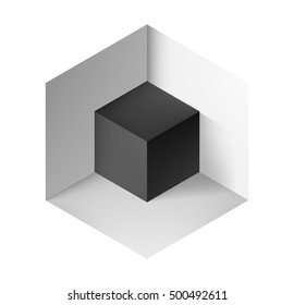 Abstract geometric background with black cube on white
